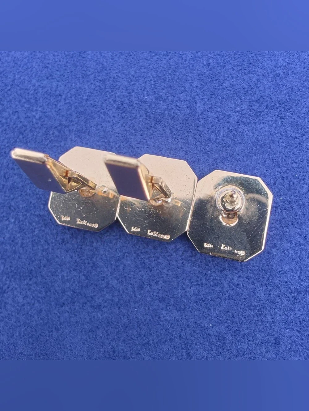 Vintage LeMans 14k Gold Diamond Cufflinks & Tie Tack Shirt Stud Tuxedo Dress Set